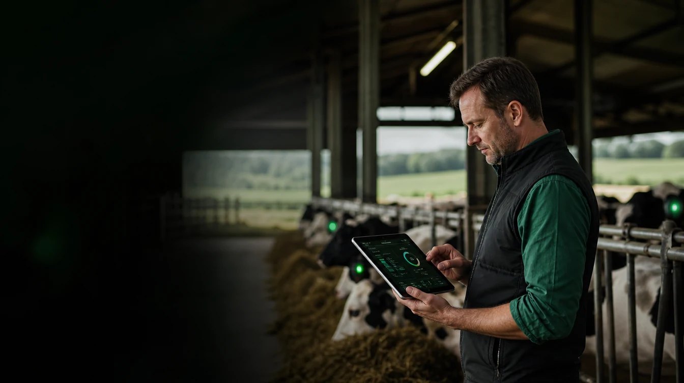 Profesional con tablet en una granja de vacuno