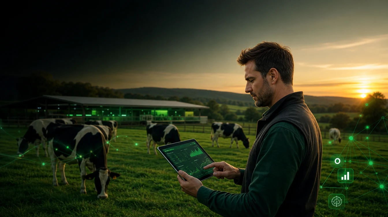 Gestión digital de vacuno al atardecer