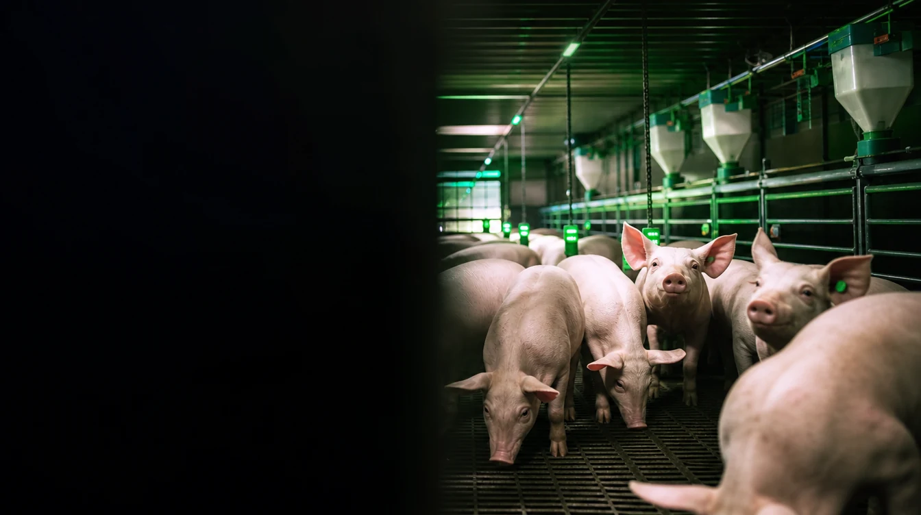 Cerdos en una instalación con iluminación verde