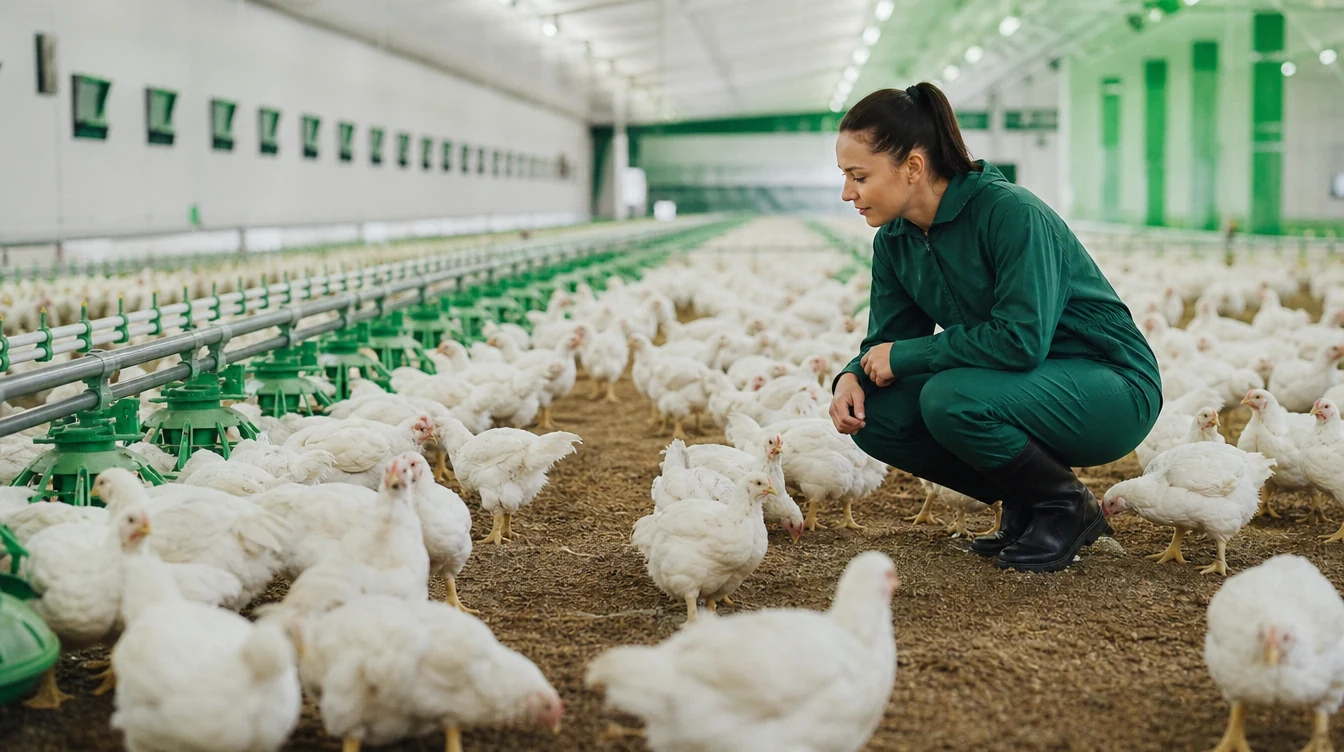 Profesional observando aves en una instalación avícola
