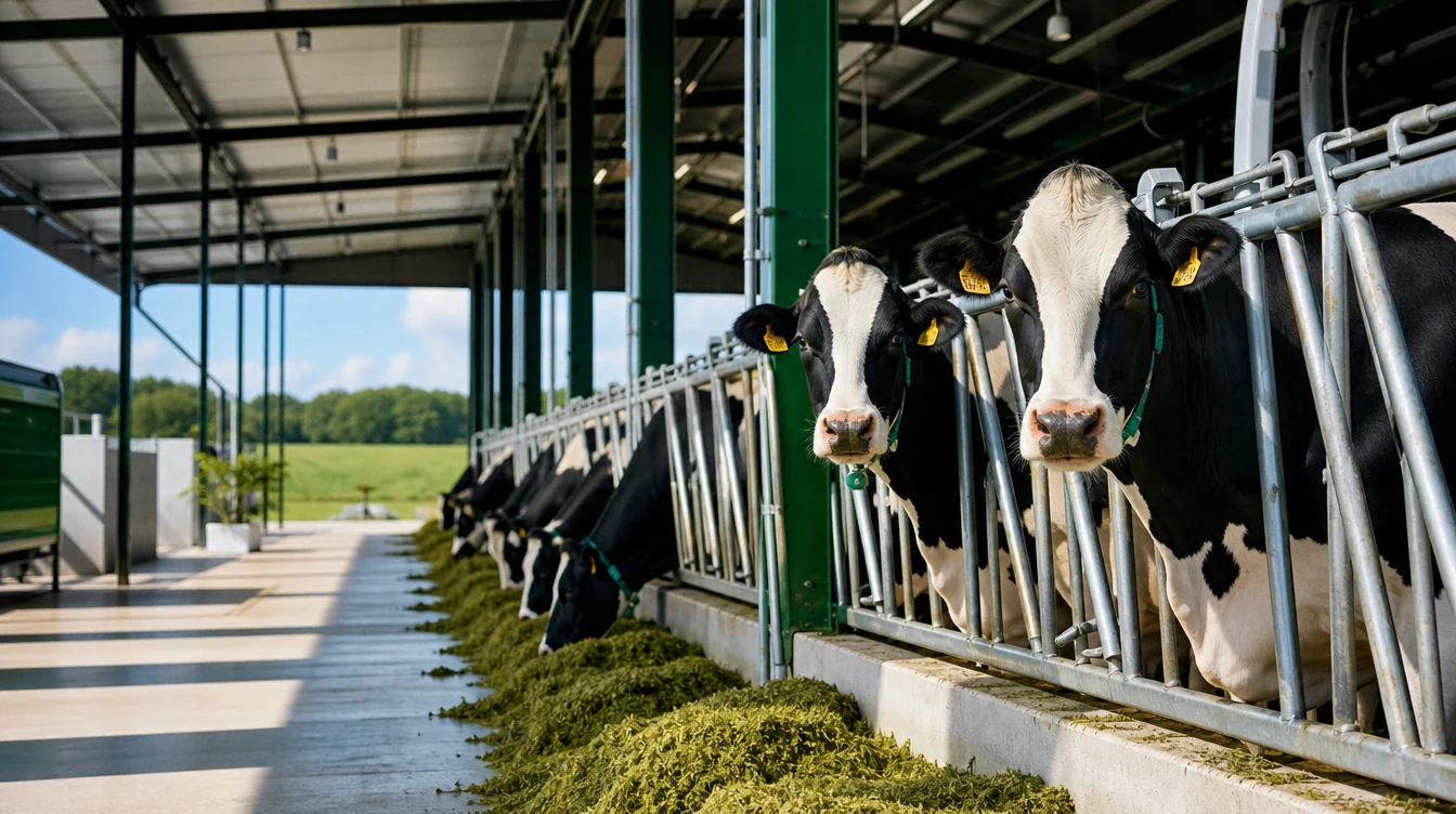 Vacas en una instalación ganadera luminosa
