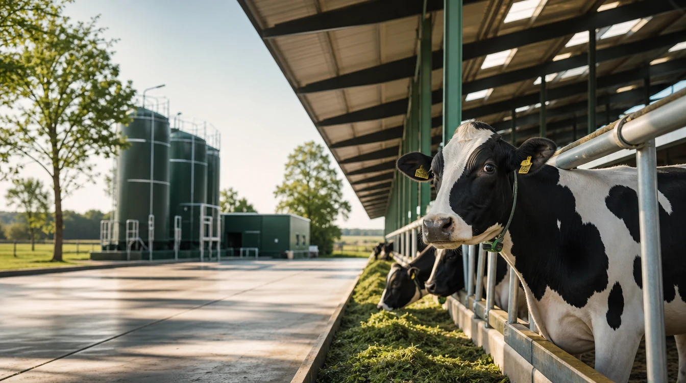 Vaca junto a instalaciones y silos