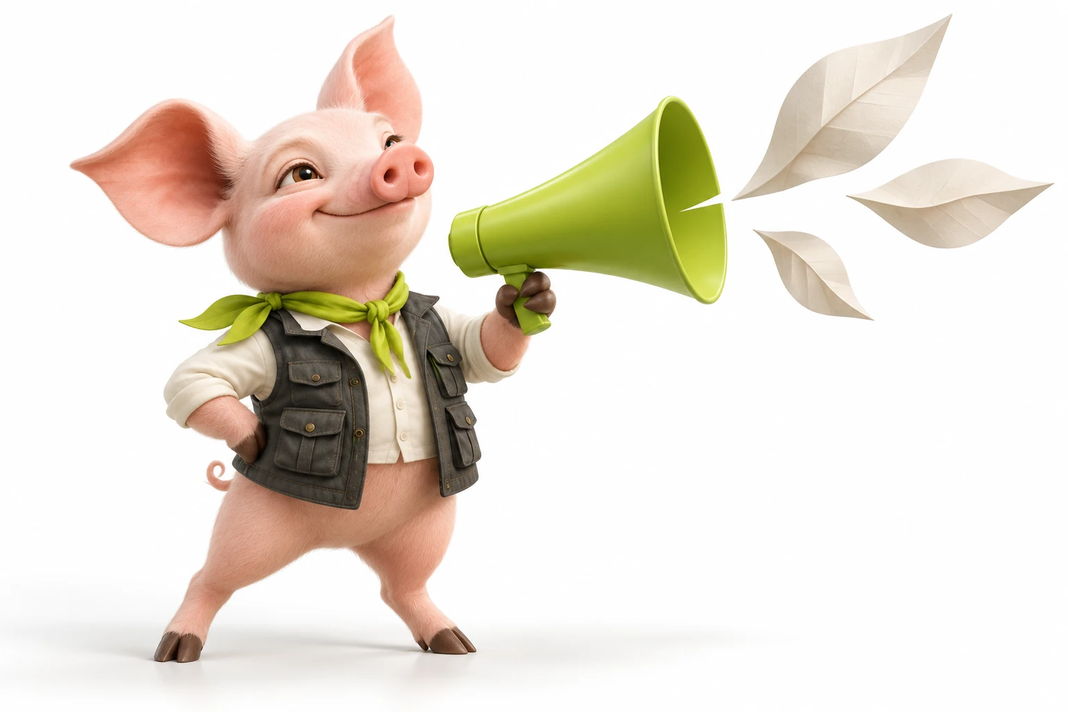Cerdito portavoz con megáfono verde y hojas de papel