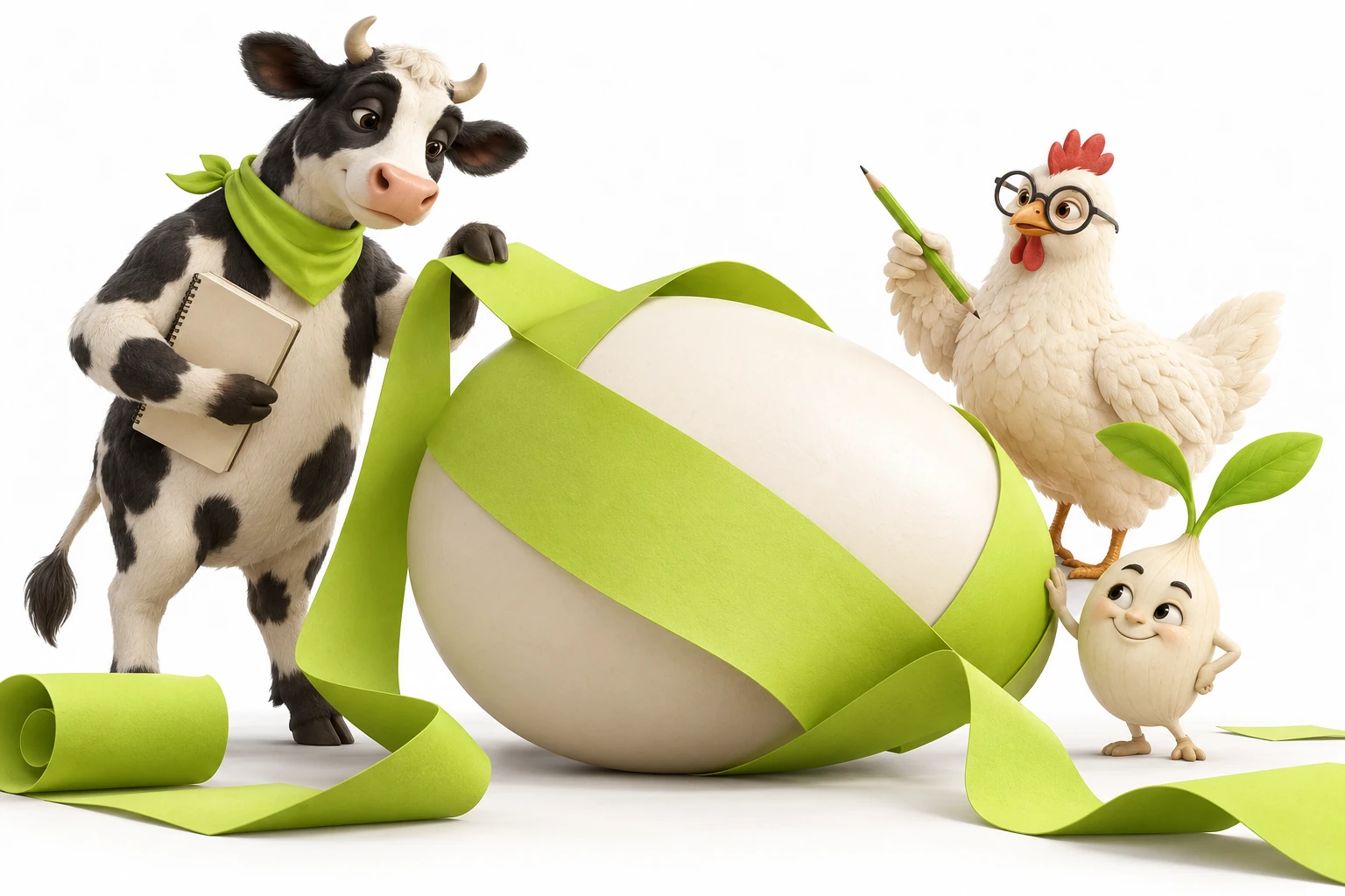 Vaca, gallina y semilla colaborando alrededor de un huevo