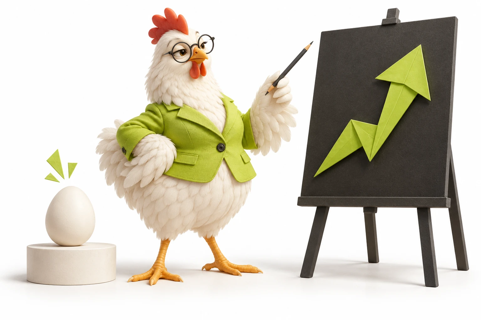 Gallina estratega con chaqueta verde junto a una flecha de papel